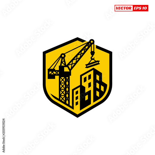 Construction Crane and Buildings Emblem Logo.