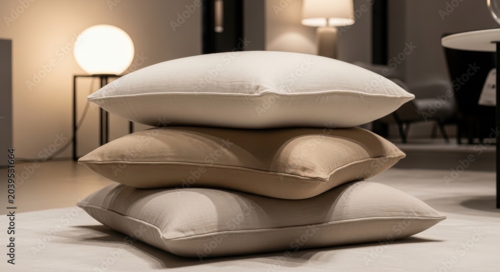 Naklejka premium Stack of Three Subtly Textured Linen Cushion Covers in Neutral Tones for Cozy Home Decor