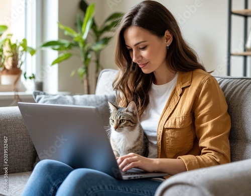 A woman works with a laptop at home on the sofa and pets a cat