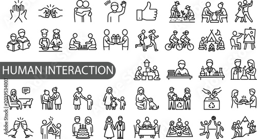 Human interaction icon set.human relationships, communication, people, networking, community, meeting. Editable line icons. Vector illustration
