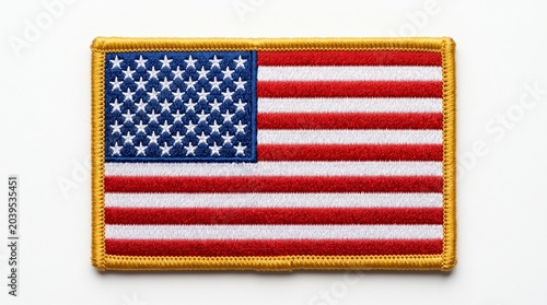 Embroidered USA Flag Patch with Yellow Border Isolated on White Background
