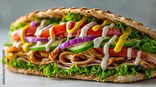 Deliciously Stacked Sandwich with Fresh Ingredients and Sauces.
