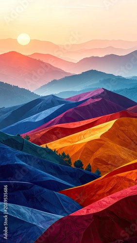 Vibrant mountain range illuminated by a soft sunset.