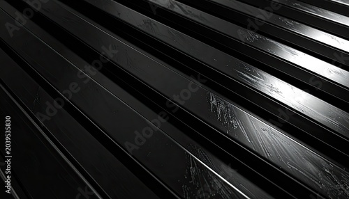 Abstract pattern of parallel black metallic ridges with light reflections.