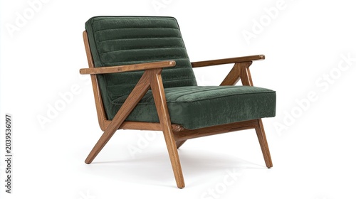 Stylish Mid-Century Modern Armchair with Dark Green Upholstery and Wooden Frame.