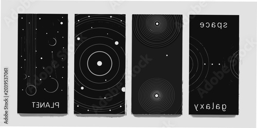 Fotografie four vertical space themed posters with celestial bodies and orbits poster plane