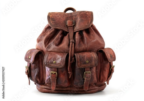 Vintage Brown Leather Backpack with Multiple Pockets.