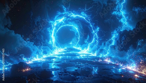 A surreal landscape with a glowing blue portal and lightning.
