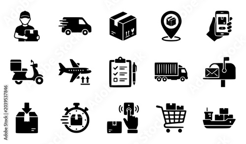 Minimalist black silhouette vector icon set for logistics, shipping and delivery services, clean modern designs including delivery courier with box, delivery van, cardboard package, location pin with 