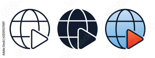 Global Video Network Icon with Globe and Play Button Symbol. Online Media Streaming. Vector Illustration