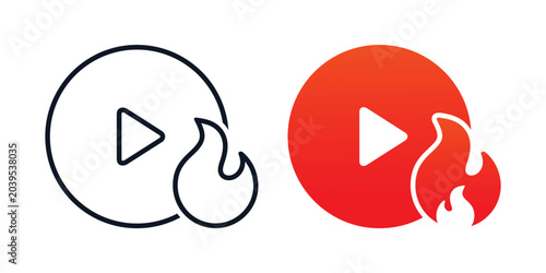 Video Fire Icon with Play Button and Flame Symbol. Hot Streaming Content. Vector Illustration