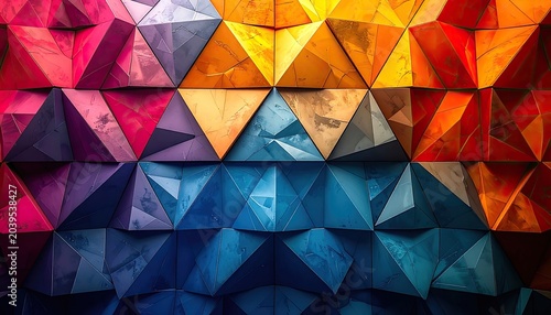 A vibrant mosaic of geometric polygons creates an abstract background.