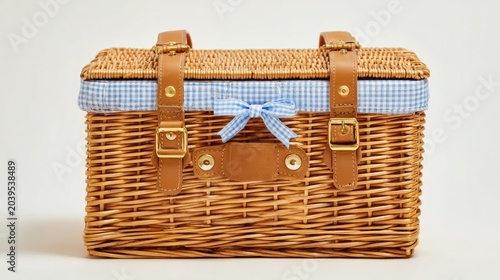 Wicker Picnic Basket with Blue Gingham Lining and Leather Straps.