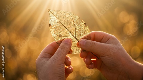 Child's Hands Holding Delicate Skeleton Leaf in Golden Sunlight, Exploring Nature's Microscopic Beauty