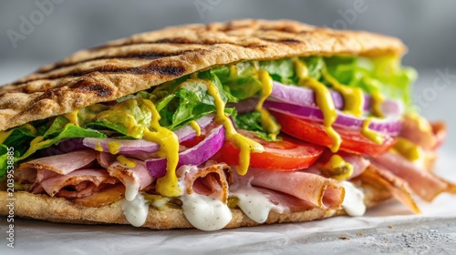 Delicious Ham and Vegetable Sandwich on Grilled Flatbread.