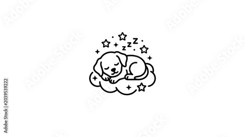 Foto Cute sleeping puppy on a cloud with stars around