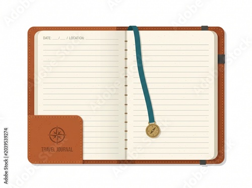 Canvas Print Open travel journal with lined pages and bookmark with compass for writing notes about vacation and memories