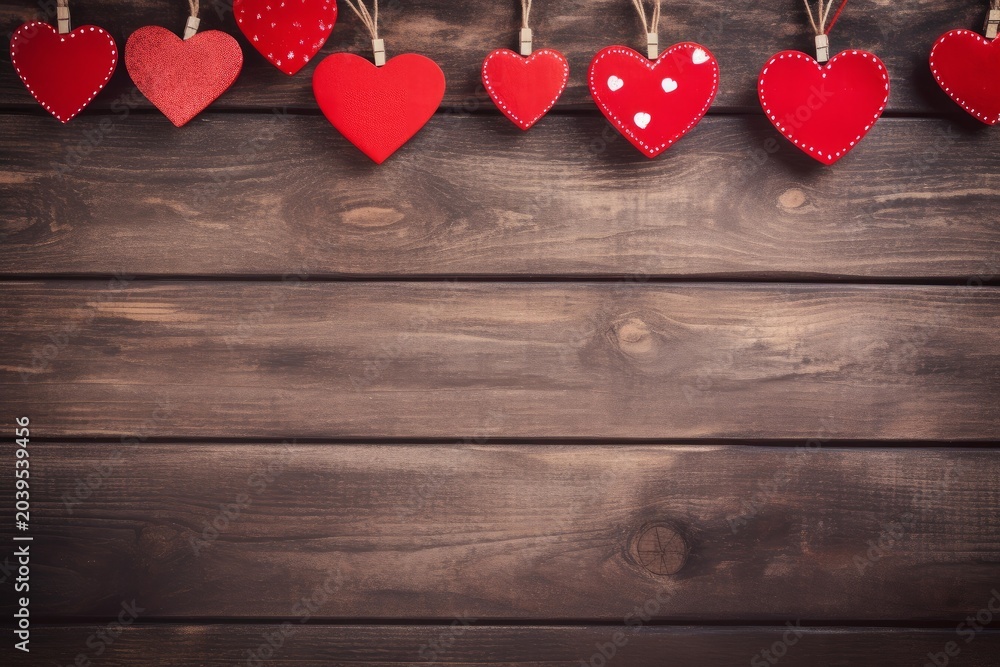 Fototapeta premium Red decorative hearts hanging on a dark wood background, symbolizing love and celebration