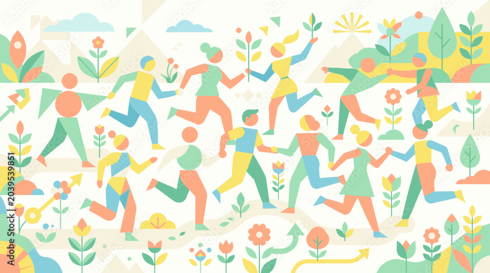 Obraz premium People Running Sports Fun Group Outdoor Activity Vibrant Flat Illustration