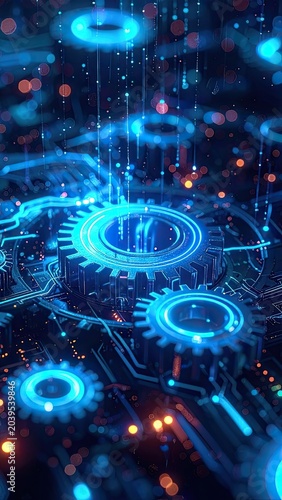 Digital gears and circuits glowing with blue light and bokeh effects.