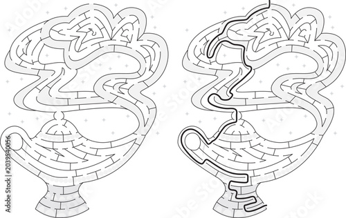 Vector illustration of a children's maze puzzle featuring a magic genie lamp with smoke and its solution path to help develop graphomotor skills.