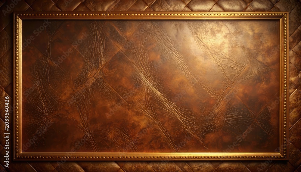 Fototapeta premium A framed rectangular space showcasing rich brown quilted leather with a golden border.