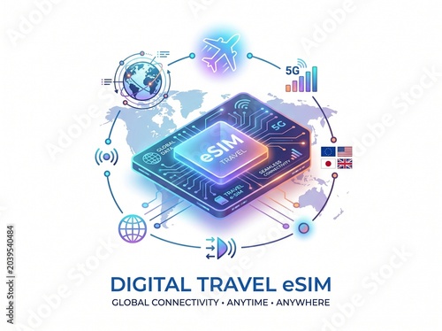 Photos Digital travel esim concept for global connectivity anytime anywhere with airplane and 5g network