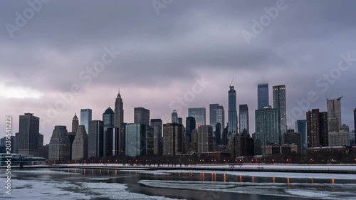 Chicago winter skyline over frozen lake Michigan 4K Video