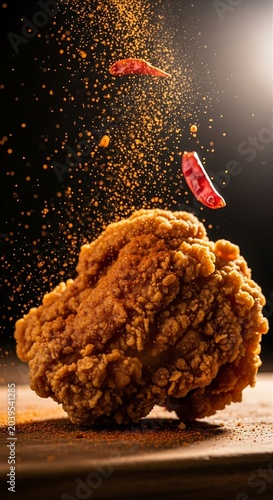 Crispy Golden Fried Chicken Piece with Spicy Chili and Seasoning Explosion