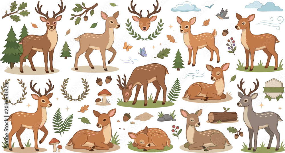 Naklejka premium Cute cartoon deer vector set with forest animals trees leaves stickers badges isolated on white background.