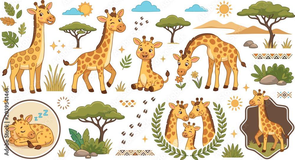 Obraz premium Cute cartoon giraffe character vector set with safari elements stickers badges isolated on a white background.