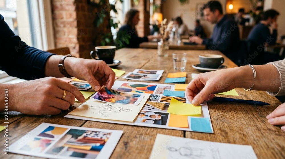 Fototapeta premium People work on a project while seated at a table in a cafe with papers and sticky notes during the day