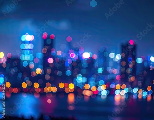Blurred city lights at night create a vibrant bokeh effect.