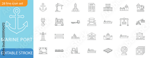 Marine Port, Seaport and Cargo Logistics Line Icon Set.