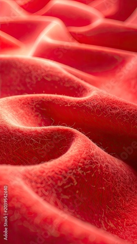 Abstract close-up of red blood cells with textured surface.