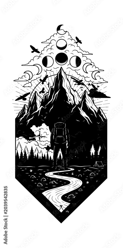 Fototapeta premium Hiker silhouette looking at mountains and phases of the moon black and white illustration