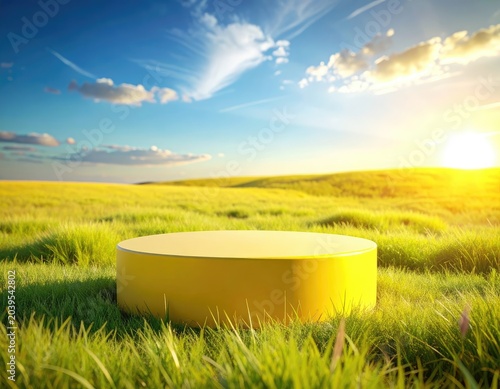 A yellow cylindrical podium stands in a vibrant green meadow under a bright, sunny sky.