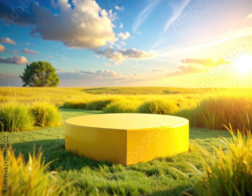 A yellow pedestal sits on a grassy field under a bright sun.