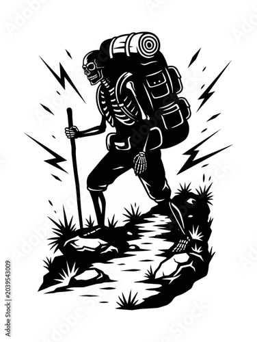 Skeleton hiker silhouette on black background for design