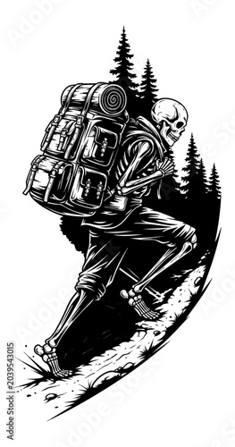 Skeleton hiker climbing with backpack on black background