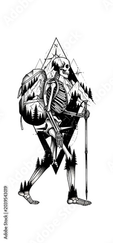 Skeleton hiker silhouette black and white illustration hiking adventure concept