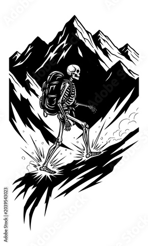 Skeleton hiking climbing mountainous terrain black and white illustration