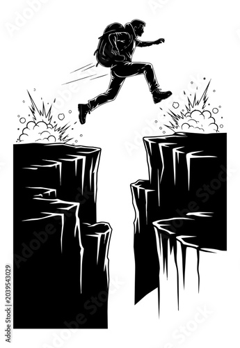 Silhouette person jumping across cliff gap symbolizing challenge