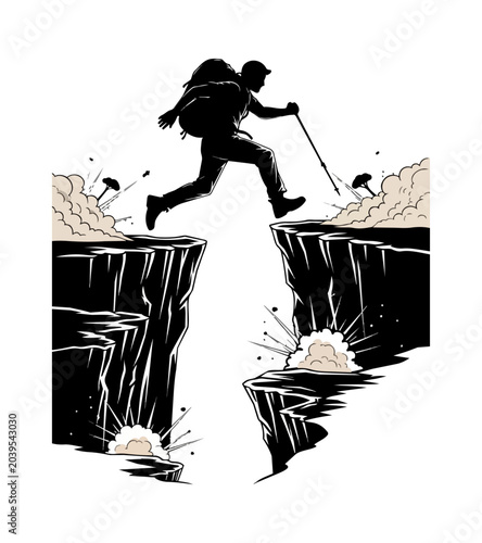 Silhouette figure standing cliff edge explosion vector illustration