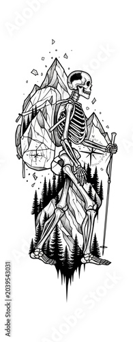 Skeleton with mountain backpack vector illustration isolated on black background