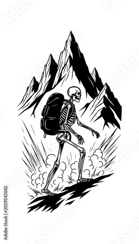Skeleton figure with backpack and banner in dramatic illustration