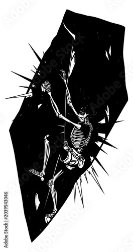 Skeleton climbing ropes illustration against black background