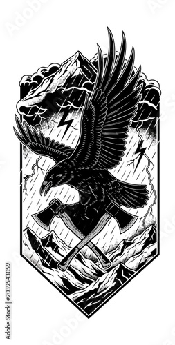 Soaring eagle graphic with crossed axes and mountainous background