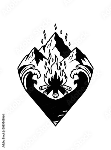 Stylized fire and mountain symbol with flames and water elements