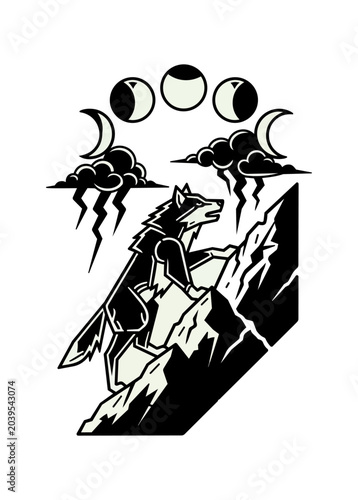 Stylized illustration of wolf perched on rock under moons